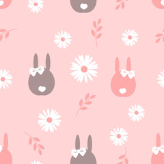 Seamless pattern with bunny rabbit cartoon, daisy flower and branch on pink background vector illustration.