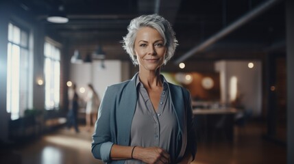 A woman standing in an office with a smile on her face