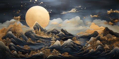 Pełnia księżyca nad wzburzonymi falami oceanu.  - obrazy, fototapety, plakaty