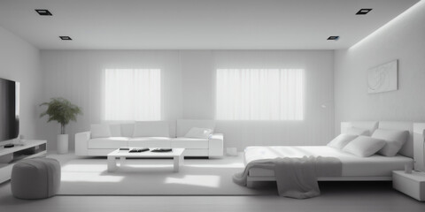 Modern white interior with bed wide image