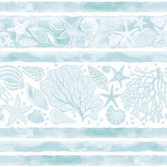  Abstract seamless pattern on the marine theme with underwater plants, starfish, seashells and blue watercolor stripes. Vector. Perfect for design templates, wallpaper, wrapping, fabric and textile. © maritime_m