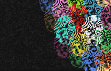 Diverse Identity Design group of multicolored fingerprints together as a beautiful tapestry of humanity as core values of creativity diversity inclusion belonging and multiculturalism or forensics ico