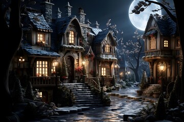 Halloween night scene with haunted house, moon and snow. 3d rendering