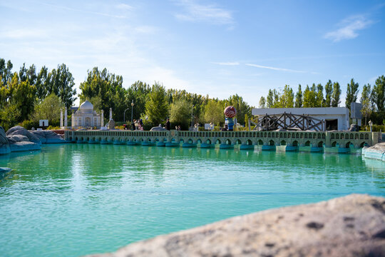 Si-o-se-pol miniature in Esminyaturk park. The Allahverdi Khan Bridge historical bridges on the Zayanderud in Isfahan, Iran. Eskisehir, Turkey - October 10 2023.