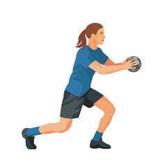 Women's handball girl player in a blue T-shirt stands at training with one knee bent and holds the ball in her hands