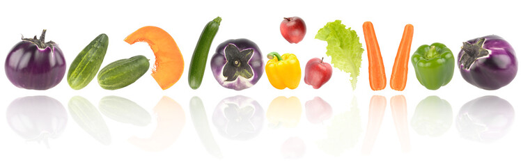 Panorama ripe and fresh fruits and vegetables with light reflection isolated on white