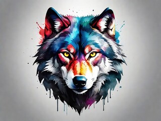 Rostro de lobo con acuarelas de colores  - obrazy, fototapety, plakaty