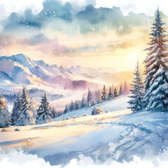 Fototapeta na wymiar Watercolor painting of a landscape with natural snowy environment