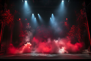 Theater stage or concert stage with thin smoke illuminated with red spotlights. Generative AI