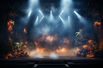 Theater stage or concert stage with thin smoke illuminated with spotlights. Generative AI