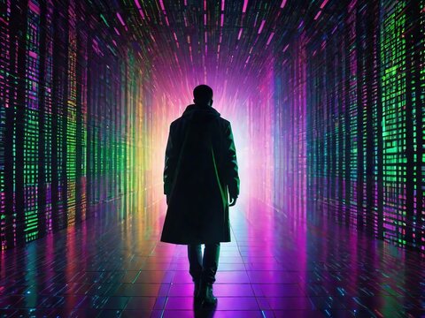 Hombre maquina caminando en un túnel creado con códigos binarios, en una atmósfera futurista color neón 