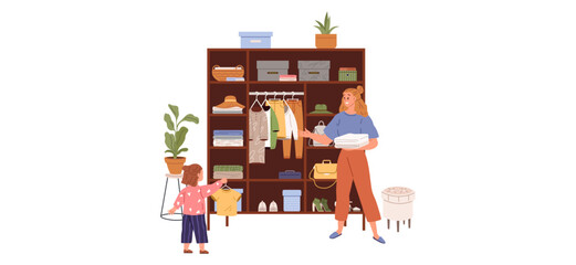 Mother and child putting things in closet. Family doing housework, little girl and woman clean house, washing clothes and putting dress in wardrobe. Children helping their parents clean house