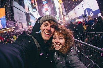 Fototapeta premium A couple celebrating new year in big city taking selfie