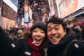 A couple celebrating new year in big city taking selfie  - obrazy, fototapety, plakaty