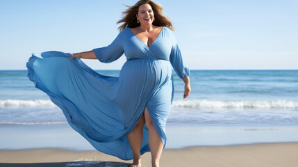 body positive, plus size woman enjoys summer day at the beach - obrazy, fototapety, plakaty