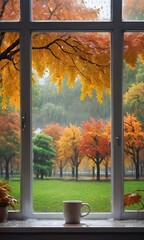 Rain Outside The Window With Autumn Park Landscape.