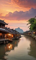 Fototapeta na wymiar Southeast Asian Ancient Town Beside River At Sunset.