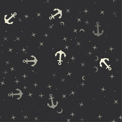 Seamless pattern with stars, sea anchor symbols on black background. Night sky. Vector illustration on black background