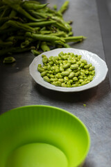 The dish with a green broad beans