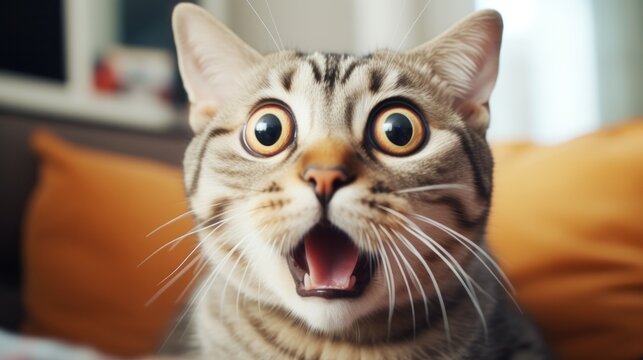 surprised cat make big eyes. American shorthair surprised cat or kitten funny face big eyes, cute, domestic, kitten, feline, Emotional surprised, kitty, wow.