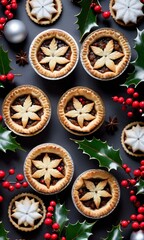 Photo Of Christmas Mince Pies Surrounded By Holly Leaves