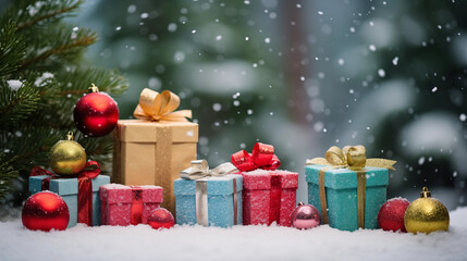 A festive still life featuring an array of colorful gift boxes, glittering ornaments, and a dusting of snow on greenery, greetings scene, green backdrop, blurred background