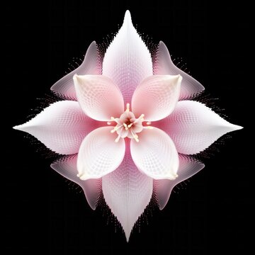 A pixelated mosaic of an abstract pixelated lily, with pixelated petals in shades of white and pink, forming a visually captivating, symmetrical design.
