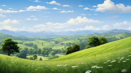 Fototapeta na wymiar countryside valley park green landscape illustration sky scenery, hill scene, country view countryside valley park green landscape