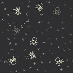 Seamless pattern with stars, skulls on black background. Night sky. Vector illustration on black background