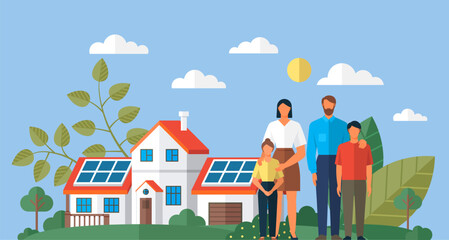 Obraz na płótnie Canvas Happy young family at modern private house with solar panels on roof. Environmentally friendly energy. Dad, mom, son and daughter together. Parents with two children boy and girl standing outdoors