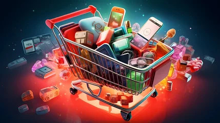 Foto auf Acrylglas Vollmond 3d illustration of shopping cart full of electronic commerce on dark background