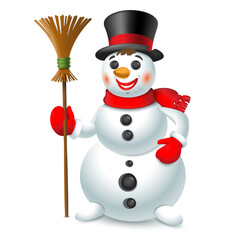 Christmas snowman with hat, red scarf, mittens and broom. Vector illustration isolated on white background.