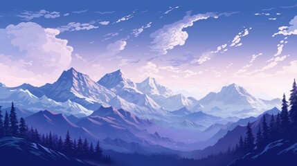 A pixelated digital illusion of a serene pixelated mountain range with pixelated snow-capped peaks.