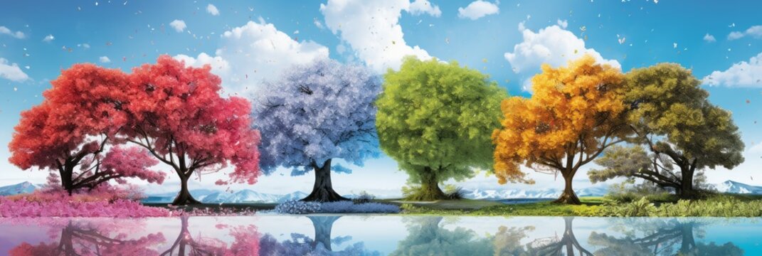 Seamlessly woven sunrise landscape showcasing the breathtaking beauty of all four seasons