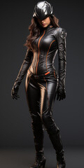 Fototapeta na wymiar Sexy Frau im rot schwarzen Cat Woman Leder Motorrad Outfit mit Helm im Hochformat für Banner, ai generativ