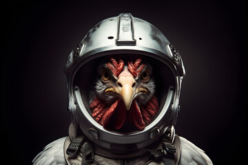 Fototapeta premium A brave chicken dressed in a space suit, poised for a galactic adventure beyond the stars.