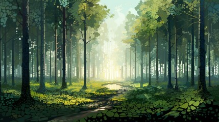 A pixelated mosaic of a serene forest glade with pixelated trees casting pixelated shadows.