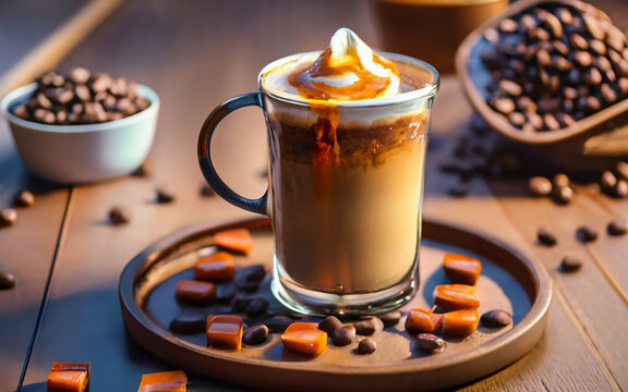 A rustic wooden table setting with a caramel iced latte served in a vintage coffee cup, surrounded by coffee beans and caramel candies.