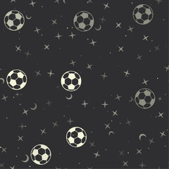 Seamless pattern with stars, football symbols on black background. Night sky. Vector illustration on black background