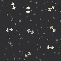 Seamless pattern with stars, dumbbell symbols on black background. Night sky. Vector illustration on black background