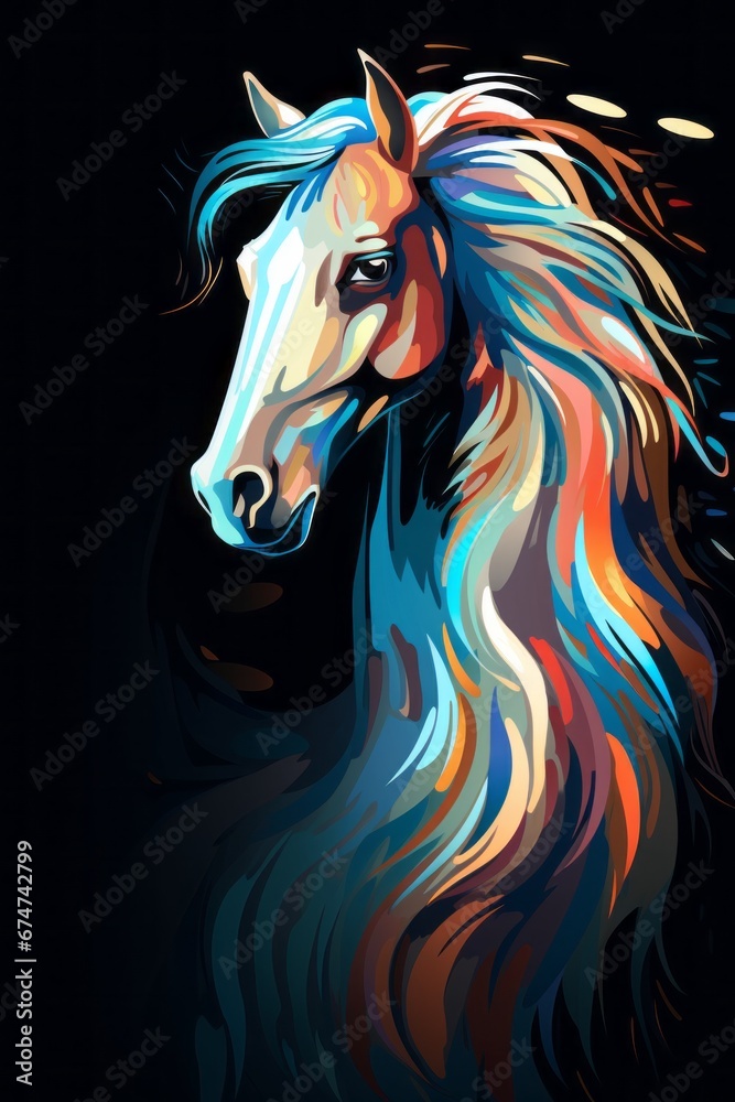 Poster a pixelated digital illusion of a regal horse with pixelated mane and tail flowing in pixelated wind