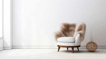 Interior of a empty minimal modern white room with fur armchair. Boho style. Copy space. Generative AI