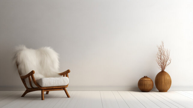 Interior of a empty minimal modern white room with fur armchair. Boho style. Copy space. Generative AI