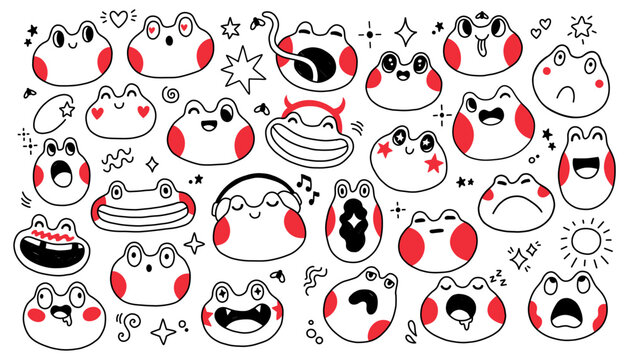 Cute frog doodle set. Cartoon frog stickers emoticons with different emotions. Vector illustration. 1 pack