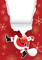 
Santa Claus ripping red Christmas Paper Background. 
Cartoon of Santa unwrapping Christmas gift paper with snowflakes. Place for your text or image. Vector available.