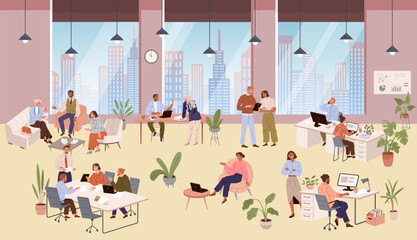 Group office workers work in coworking space. Tables with computers and laptops, have dialogue and communicate at workplace between colleagues. Analyse and develop business strategy, teamwork