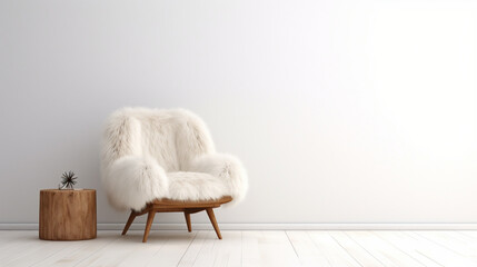 Interior of a empty minimal modern white room with fur armchair. Boho style. Copy space. Generative AI - obrazy, fototapety, plakaty