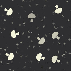 Seamless pattern with stars, mushroom symbols on black background. Night sky. Vector illustration on black background