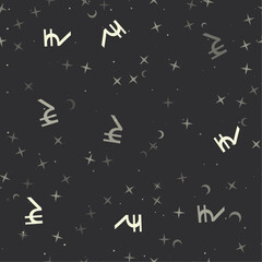 Seamless pattern with stars, indian rupee symbols on black background. Night sky. Vector illustration on black background