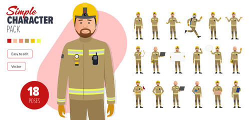 Simple flat 2d male firefighter vector character in a set of multiple poses. Easy to edit and isolated on a white background. Modern trendy style character mega pack with lots of poses.	